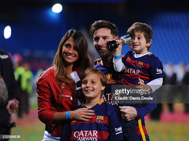 Lionel Messi of Barcelona celebrates with his wife Antonella Roccuzzo and children after winning the Copa del Rey Final between Barcelona and Sevilla...