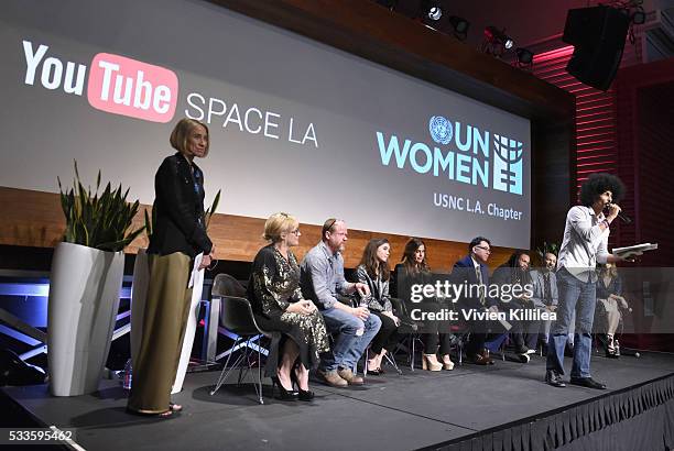 Founder and President of the Greater L.A. Chapter USNC for UN Women Cathy Hillman, actress Patricia Arquette, director Joss Whedon, actress Rowan...