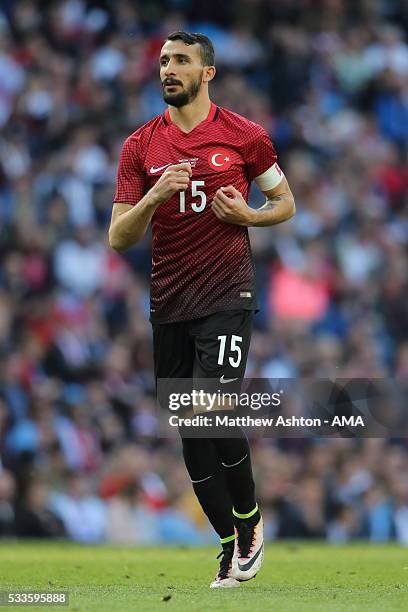 Mehmet Topal of Turkey takes a throw in during the International Friendly match between England and Turkey at Etihad Stadium on May 22, 2016 in...