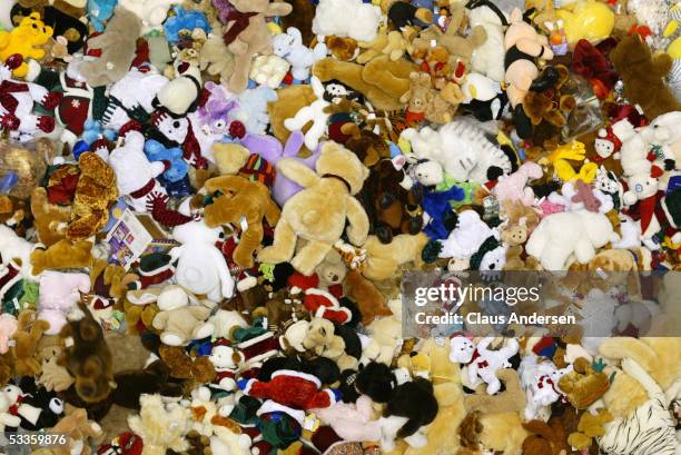 Overhead view as fans cover the ice with plush toys during a Ontario Hockey League game between the Guelph Storm and the London Knights at Jon Labatt...