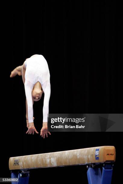 Nastia Liukin performs on the balance beam during the 2005 Visa Championships on August 11, 2005 at the Conseco Fieldhouse in Indianapolis, Indiana....