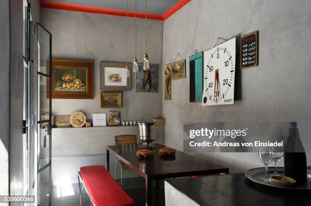 grey and red house in marrakesh - narrow kitchen stock pictures, royalty-free photos & images