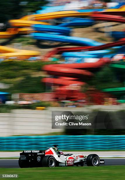 Takuma Sato of Japan and B.A.R. - Honda in action during the practice session for the Hungarian F1 Grand Prix at the Hungaroring on July 29, 2005 in...