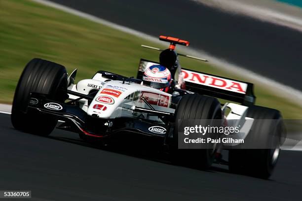 Jenson Button of England and B.A.R. - Honda during qualifying for the Hungarian F1 Grand Prix at the Hungaroring on July 30, 2005 in Budapest,...