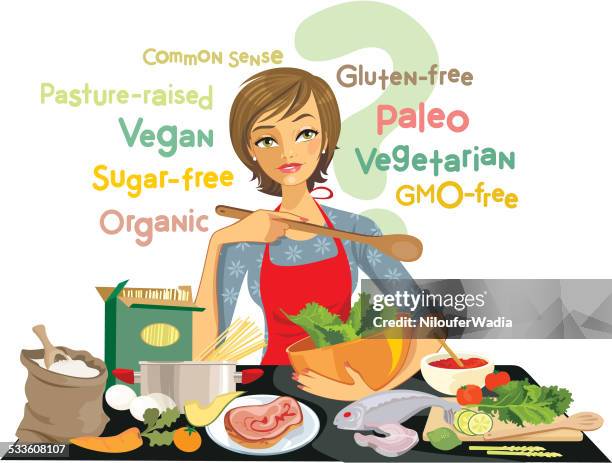complicated diet choices - vegan pasta salad stock illustrations