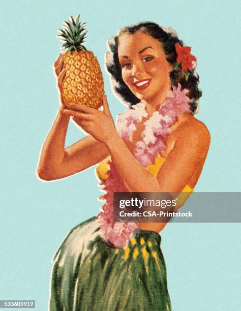 hula girl holding pineapple - grass skirt stock illustrations