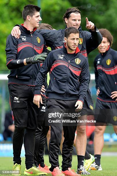 Thibaut Courtois of Belgium, Daniel Van Buyten of Belgium and Eden Hazard of Belgium during a training session of the National Soccer Team of Belgium...