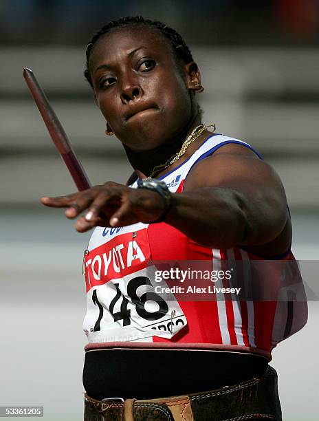 Sonia Bisset of Cuba competes during the women's Javelin Throw qualifier at the 10th IAAF World Athletics Championships on August 12, 2005 in...