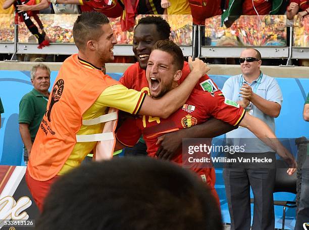 Dries Mertens of Belgium celebrates scoring a goal with teammates during a FIFA 2014 World Cup Group H match between Belgium and Algeria at the...