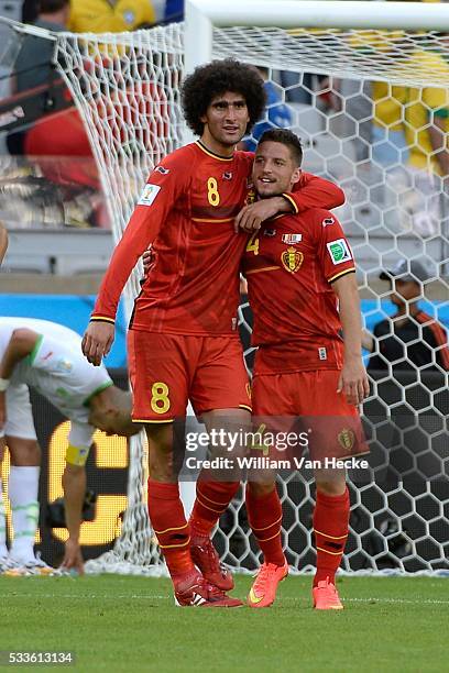 Marouane Fellaini of Belgium and Dries Mertens of Belgium celebrates during a FIFA 2014 World Cup Group H match between Belgium and Algeria at the...