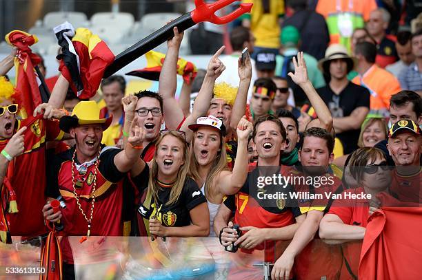 The belgian fans celebrate the win after a FIFA 2014 World Cup Group H match between Belgium and Algeria at the Estadio Mineirao stadium in Belo...