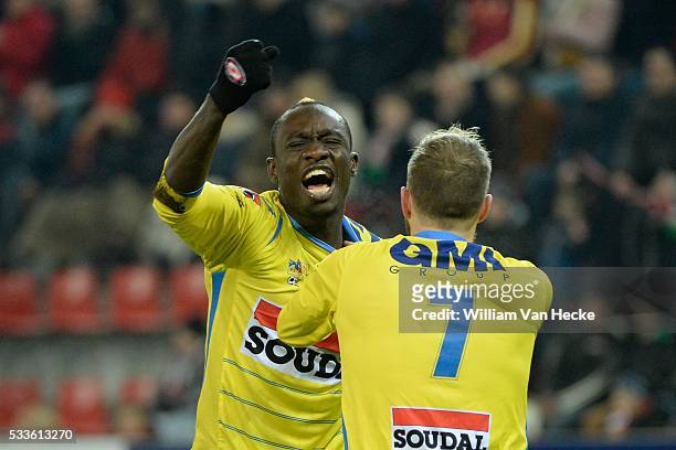 Mbaye Diagne of KVC Westerlo celebrates pictured during the Jupiler League match between Zulte Waregem and Kvc Westerlo on January 24 , 2015 in...