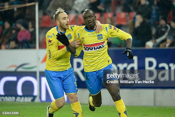 Mbaye Diagne of KVC Westerlo celebrates pictured during the Jupiler League match between Zulte Waregem and Kvc Westerlo on January 24 , 2015 in...