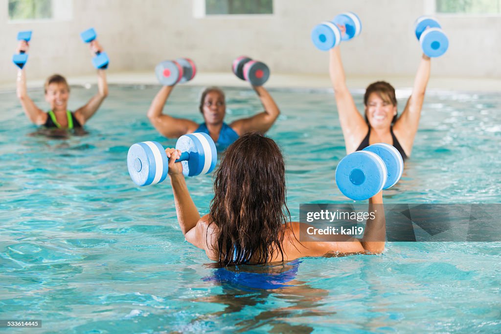 Women in water aerobics exercise class with instructor