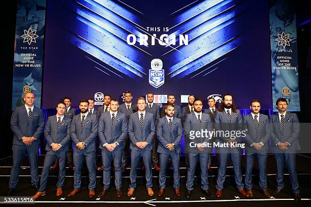 The NSW Blues State of Origin team lines up after being announced during the NSW Blues State of Origin team announcement at The Star on May 23, 2016...