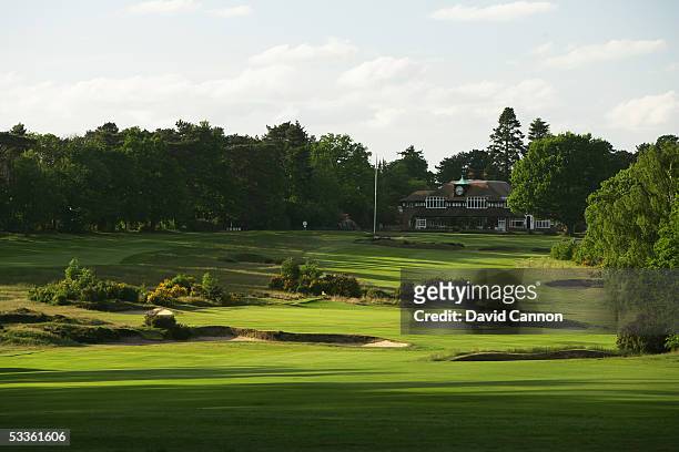 The par 4, 17th hole with the par 4, 18th hole and clubhouse behind on the Old Course at Sunningdale Golf Club, on June 01, 2005 in Sunnungdale,...