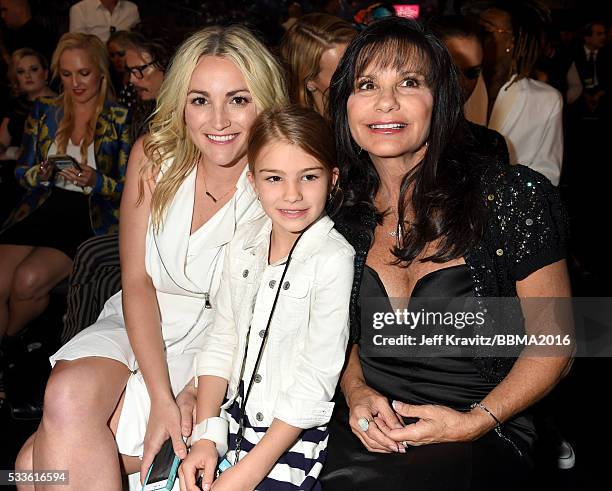 Actress Jamie Lynn Spears, Maddie Briann Aldridge, and Lynne Spears in the audience at the 2016 Billboard Music Awards at T-Mobile Arena on May 22,...