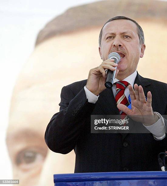 Turkish Prime Minister Recep Tayyip Erdogan gives a speech to Diyarbakir 's people during his visit to the southeastern city, 12 August 2005. Erdogan...