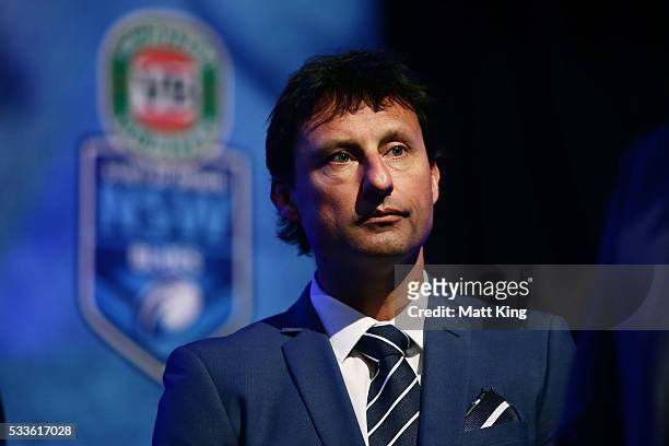 Blues coach Laurie Daley looks on during the NSW Blues State of Origin team announcement at The Star on May 23, 2016 in Sydney, Australia.