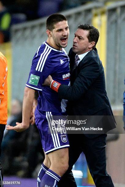 Mitrovic Aleksandar forward of Rsc Anderlecht celebrates and Besnik Hasi head coach of Rsc Anderlecht pictured during the Jupiler Pro League match...