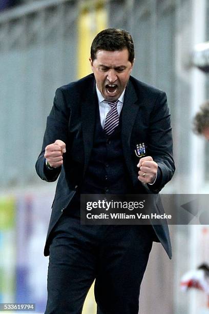 Besnik Hasi head coach of Rsc Anderlecht celebrates pictured during the Jupiler Pro League match between RSC Anderlecht and KV Kortrijk in the...