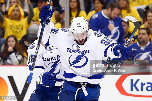 Nikita Kucherov of the Tampa Bay Lightning celebrates after scoring a goal against Marc-Andre Fleury of the Pittsburgh Penguins during the third...