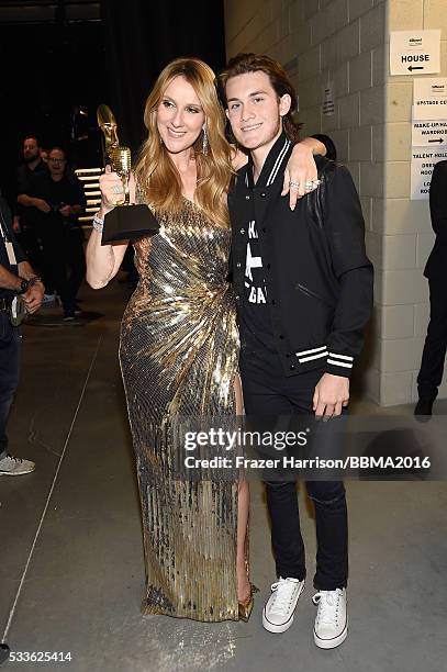 Singer Celine Dion , recipient of the Billboard Icon Award, and son Rene-Charles Angelil attend the 2016 Billboard Music Awards at T-Mobile Arena on...