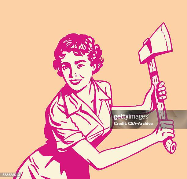 stockillustraties, clipart, cartoons en iconen met woman with axe - ax