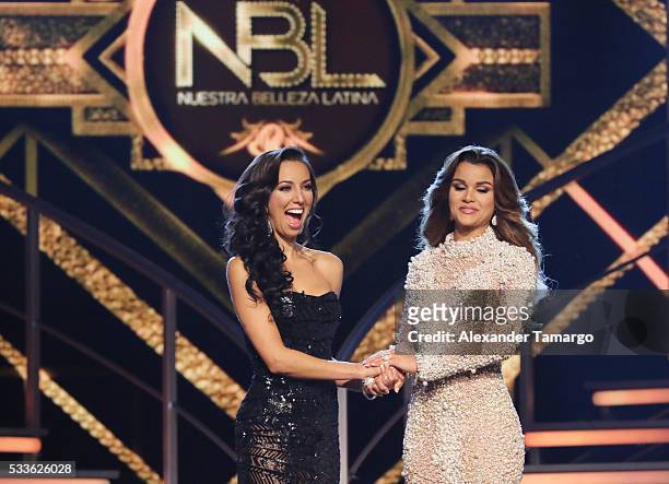 Setareh Khatibi and Clarissa Molina are seen on stage as Clarissa Molina is crowned the winner during the "Nuestra Belleza Latina" Grand Finale at...