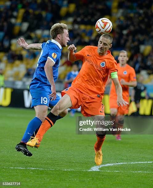 Simons Timmy of Club Brugge and Roman Bezus, midfielder of FC Dnipro pictured during UEFA Europa League, Quarter-finals, second leg match between...