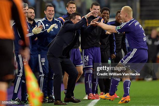 Deschacht Olivier defender of Rsc Anderlecht celebrates scoring 1-0 with Besnik Hasi head coach of Rsc Anderlecht during the Jupiler Pro League...