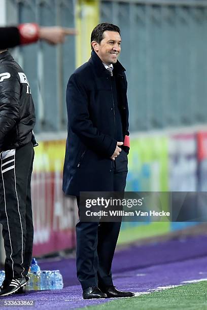 Hasi Besnik head coach of Rsc Anderlecht laughing during the Jupiler Pro League match between RSC Anderlecht and KV Kortrijk in the Constant Vanden...