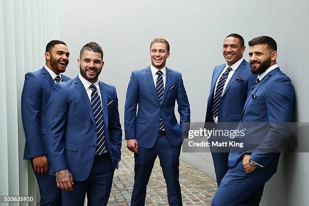 Blues debutants Dylan Walker, Adam Reynolds, Matt Moylan, Tyson Frizell and Josh Mansour pose during the NSW Blues State of Origin team announcement...