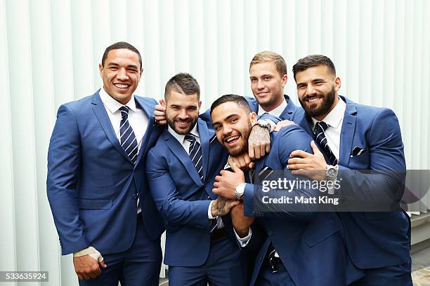 Blues debutants Tyson Frizell, Adam Reynolds, Dylan Walker, Matt Moylan and Josh Mansour pose during the NSW Blues State of Origin team announcement...