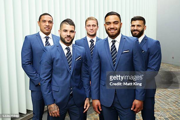 Blues debutants Tyson Frizell, Adam Reynolds, Matt Moylan, Dylan Walker and Josh Mansour pose during the NSW Blues State of Origin team announcement...