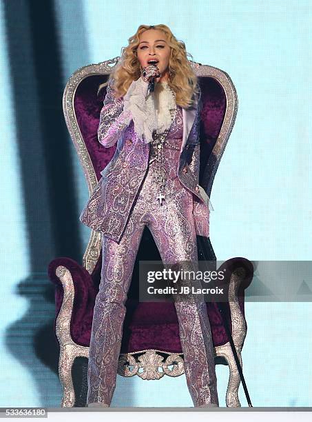 Singer Madonna is seen on stage during the 2016 Billboard Music Awards held at the T-Mobile Arena on May 22, 2016 in Las Vegas, Nevada.