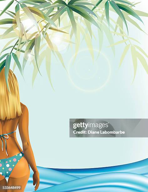 summer beach party invitation with woman in bikini and waves - woman walking rear view stock illustrations