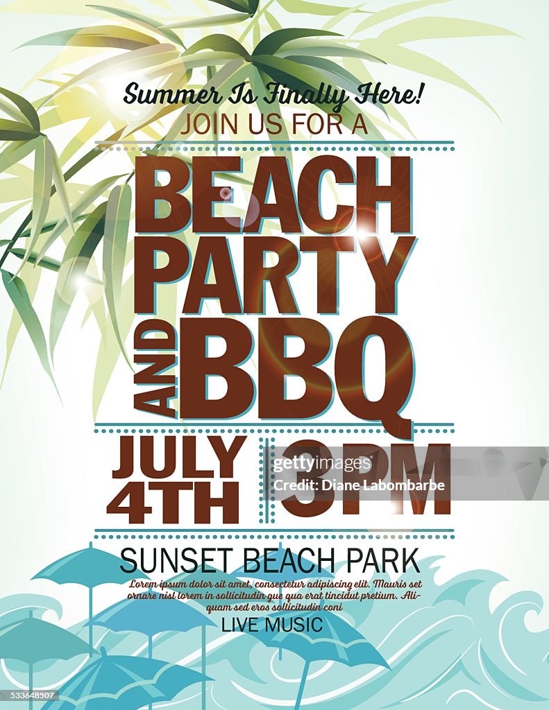 Summer Beach Party Invitation With Palm Leaves Waves
