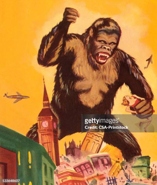 giant gorilla destroying a city - angry monkey stock illustrations