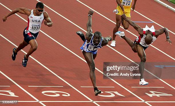 Ladji Doucoure of France crosses the finish line during the men's 110 Metres Hurdles final at the 10th IAAF World Athletics Championships on August...