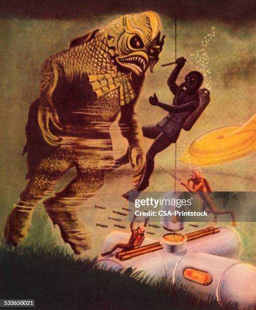 illustrations, cliparts, dessins animés et icônes de battre un monstre marin - monstre
