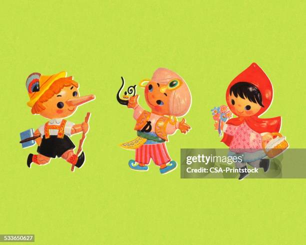 three characters from children's stories - lying puppet stock illustrations