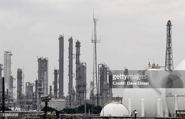 Stacks rise from the Shell Deer Park refinery August 12, 2005 in Deer Park, Texas. The plant is the sixth largest refinery in the United States with...