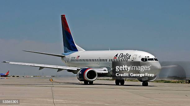 Delta Airlines jet taxies for take-off at the Salt Lake International Airport August 12, 2005 in Salt Lake City, Utah. The resent increase in fuel...