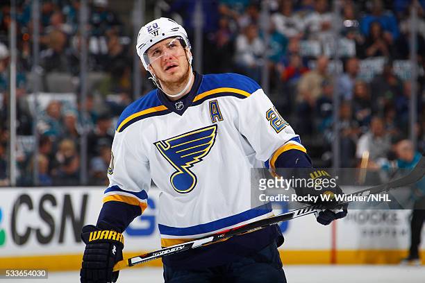 Alexander Steen of the St. Louis Blues looks on during the game against the San Jose Sharks in Game Three of the Western Conference Finals during the...