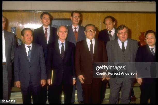 Chinese Communist Party leader Jiang Zemin, , during meeting with US NSC Adviser Scowcroft, , & Deputy State Secretary Eagleburger, .