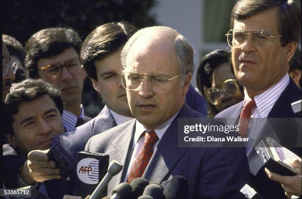 Representative Richard E. Cheney and Representative Chester T. "Trent" Lott talking to reporters after meeting with President Ronald with Reagan at...