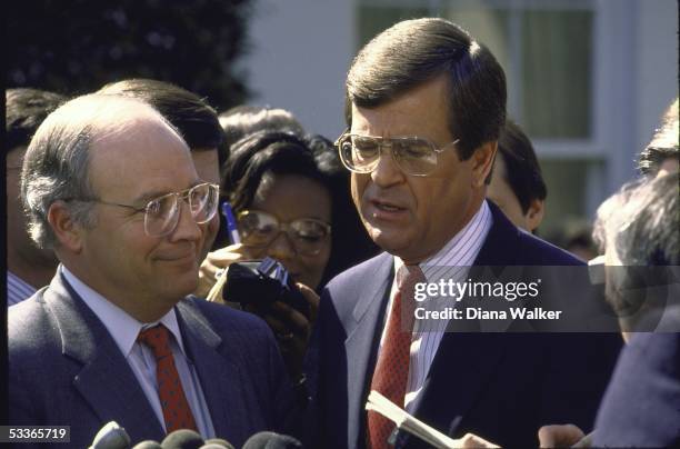 Representative Richard E. Cheney and Representative Chester T. "Trent" Lott talking to reporters after meeting with President Ronald with Reagan at...