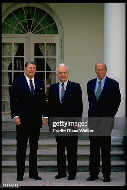 President Reagan with Soviet Foreign Minister Eduard Shevardnadze & State Secretary George Shultz in WH Rose Garden.