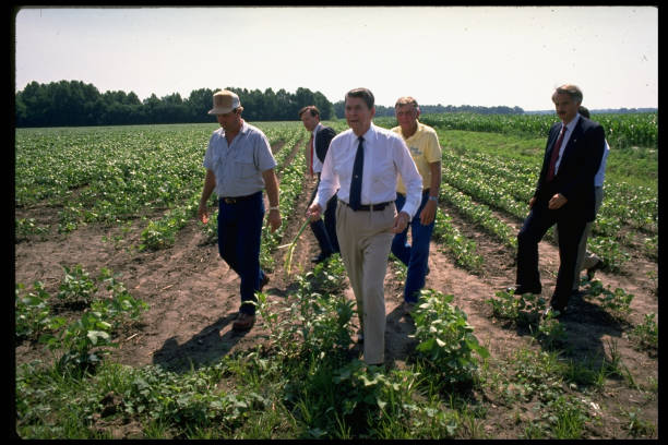 Tổng thống Reagan kiểm tra mùa màng tại Nông trại Herman Krone, thăm các trang trại bị hạn hán, đi bộ trên cánh đồng cùng nông dân và mật vụ.